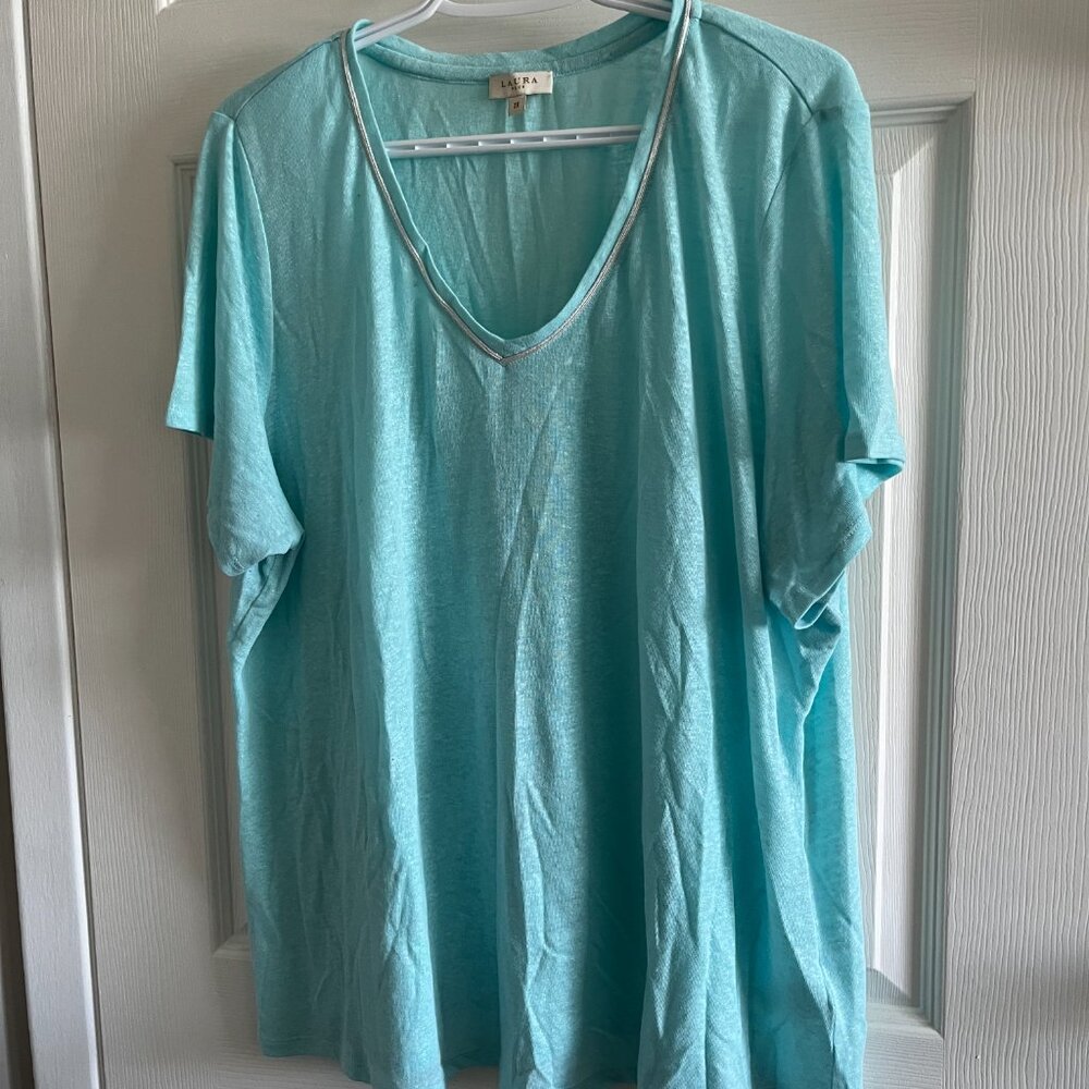 Laura Plus Turquoise V-Neck Short Sleeve TShirt - Size 2x GUC